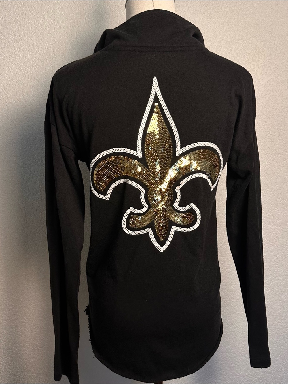 Woman’s Victoria Secret PINK Black Sequin SAINTS Long Sleeve Top